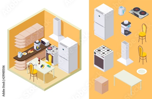Kitchen isometric. Vector dinner room interior. Isometric fridge, table, tea pot, kitchen furniture. Illustration kitchen furniture, fridge and table