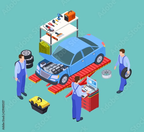 Venicle service isometric. Car repair, balancing vector illustration. Technicians replace vehicle part, wheels. Auto repair, tool for fix machine and diagnostic illustration