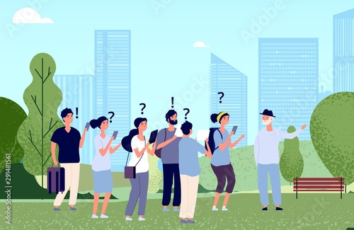Tourists on excursion. Vector flat travellers characters. Tourists and tour guide illustration. Excursion tour, guide tourist travel