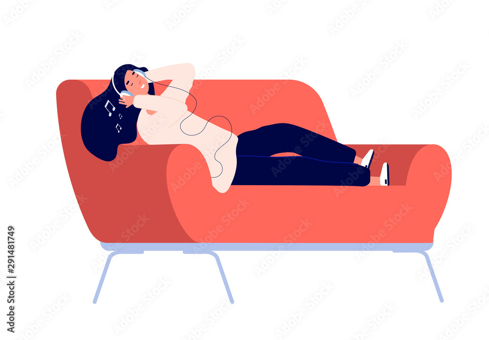 Girl listens music on sofa. Happy teenager relaxing and enjoying on couch  with headphones and cell phone vector concept. Illustration girl listening  music on sofa Stock Vector | Adobe Stock