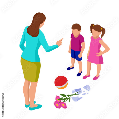 Isometric Strict mother scolds her children for a broken vase while playing football. Kids plead guilty. Misbehavior and parenting.
