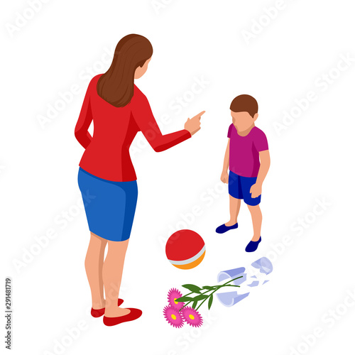 Isometric Strict mother scolds her son for a broken vase while playing football. The boy pleads guilty. Misbehavior and parenting.