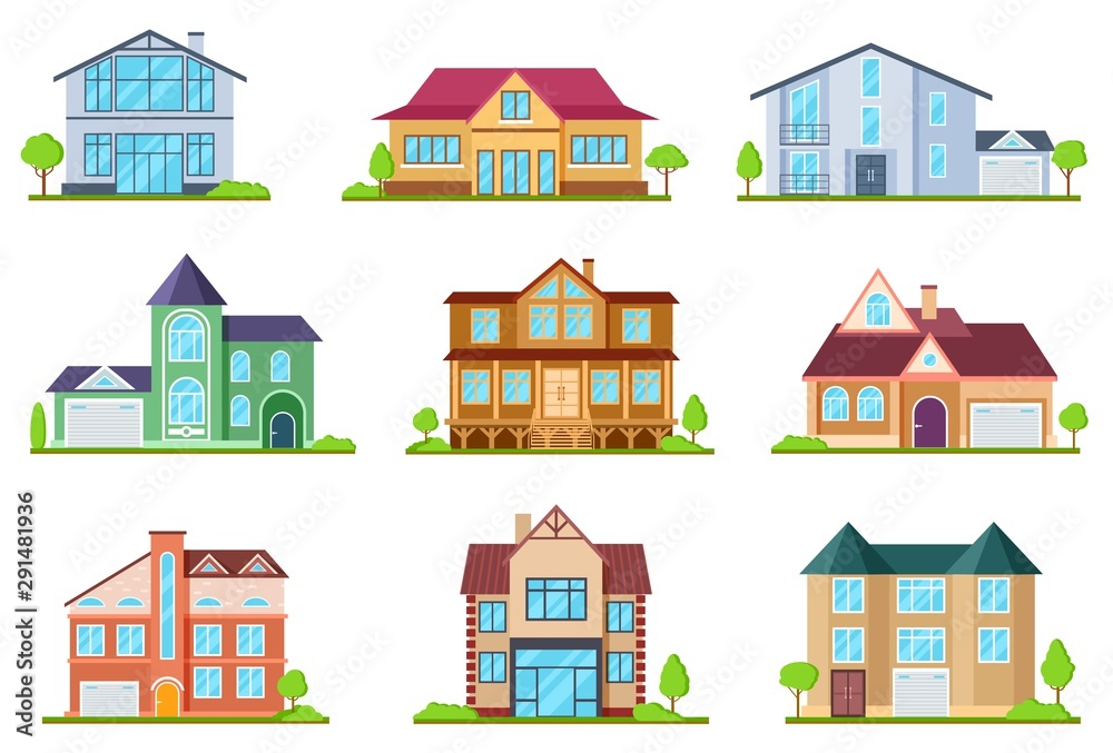 Flat cottages. Modern cottage houses suburban property. Buildings design for app interface. Architectural home exterior vector set. Cottage house, property architecture home illustration