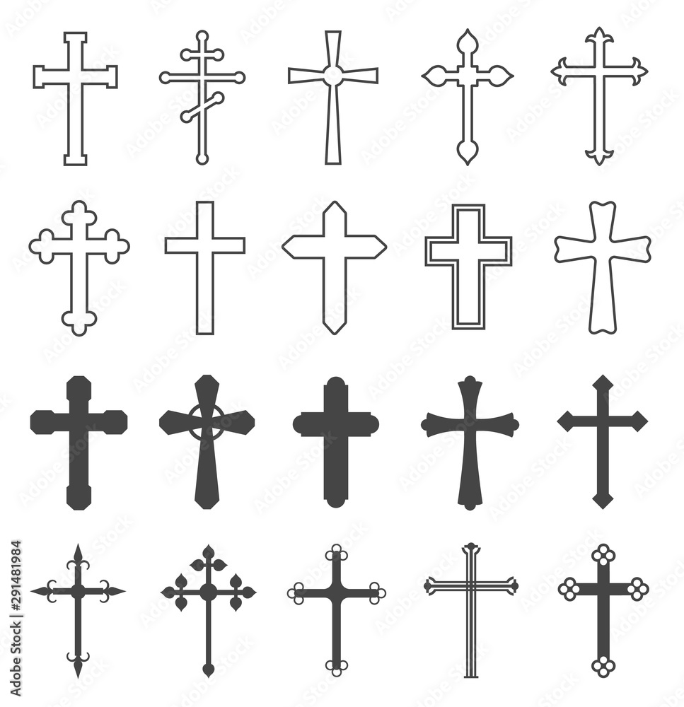 Christian cross set. Catholic and orthodox crucifix crosses. Divine religion, faith pray and church outline vector symbols. Christianity and catholicism symbol, orthodox crucifix jesus illustration
