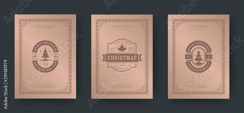 Christmas greeting cards design, ornate decoration symbols with tree, winter holidays wishes vintage typography
