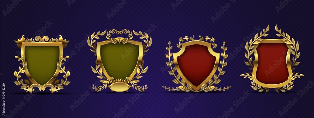 Heraldic elements. Shield, laurel wreath. Royal heraldic vector emblems in victorian style. Medieval majestic heraldic, imperial nobility illustration Heraldic elements. Shield, laurel wreath. Royal heraldic vector emblems in victorian style. Medieval majestic heraldic, imperial nobility illustration