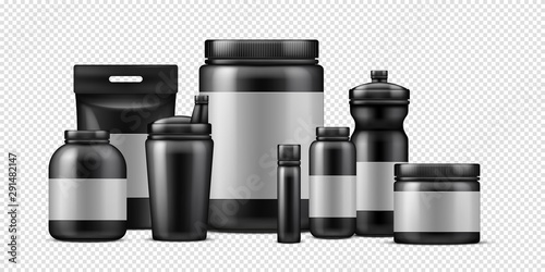 Sport food containers. Vector protein powder container and plastic drink bottles isolated on transparent background. Illustration container bottle, mockup jar and pack with protein powder photo