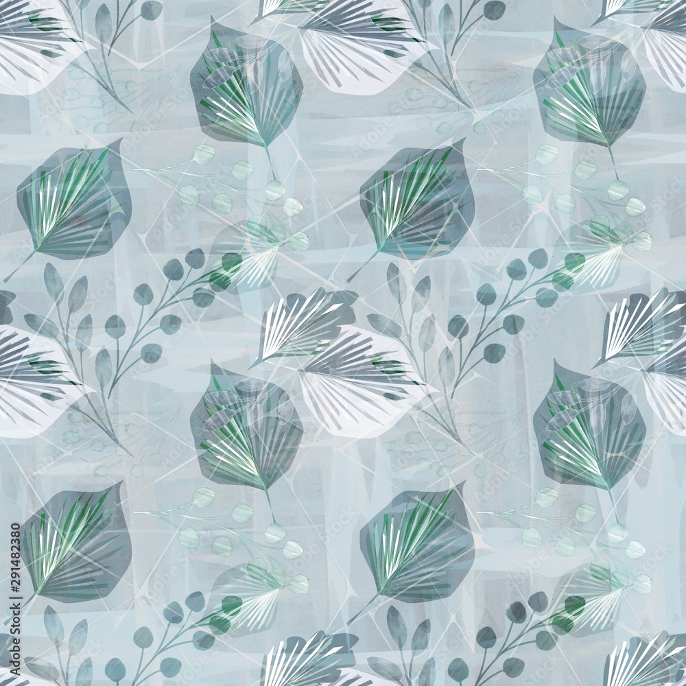 Obraz premium Seamless pattern of twigs and leaves in gray colors.