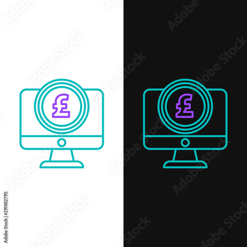 Green and purple line Computer monitor with pound sterling symbol icon isolated on white and black background. Online shopping concept. Earnings in the Internet. Vector Illustration