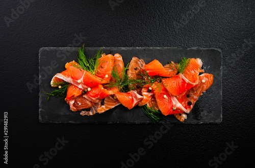 Top view of a Nordic dish Gravlax or gravlaks photo