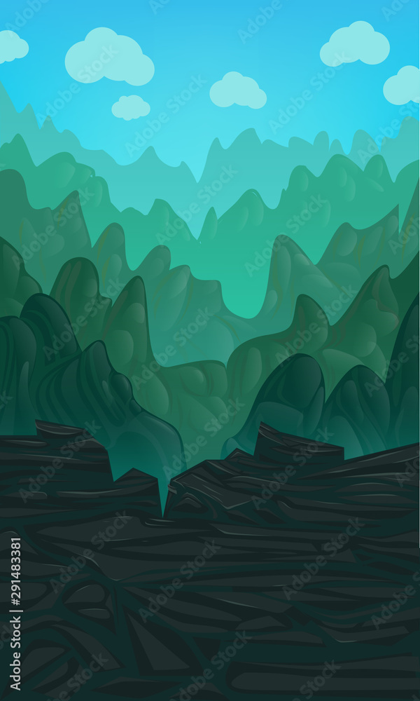 Vector vertical illustration with green hills on a blue cloudy sky. Video Game Digital Artwork.