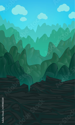 Vector vertical illustration with green hills on a blue cloudy sky. Video Game Digital Artwork.