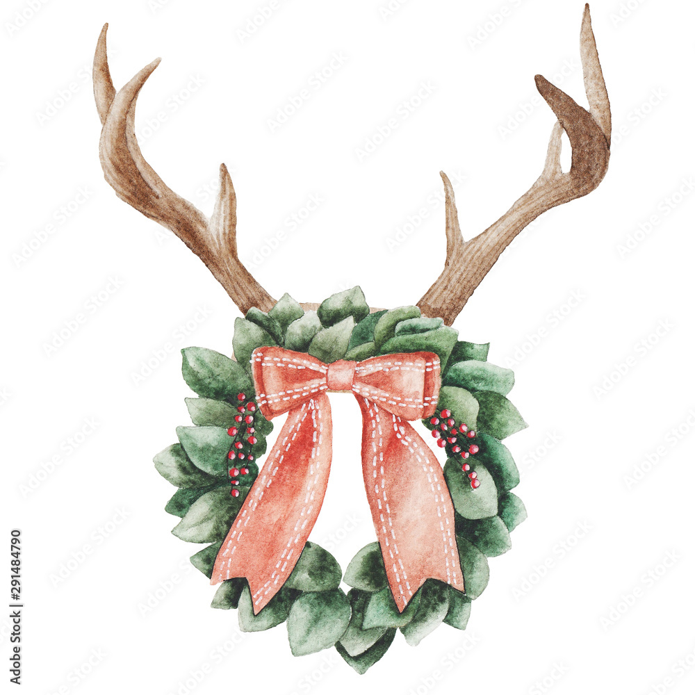 Obraz premium Christmas wreath. watercolor illustration. Christmas deer