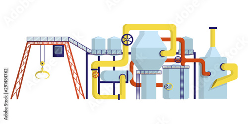 Industrial processing plant with bridge crane, mills, cisterns, pipes, production, technical facilities