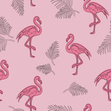 Pink summer pattern with flamingos and tropical leaves. Seamless texture.