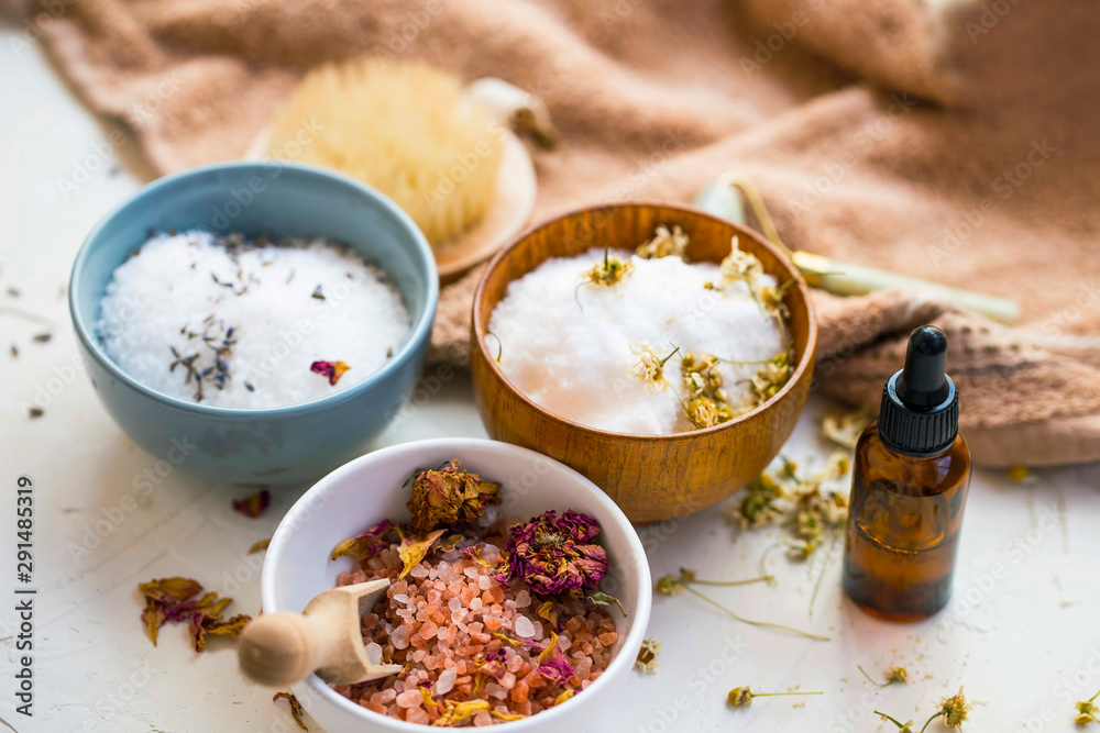 Spa still life with terapeutic bath salts Spa still life with terapeutic bath salts