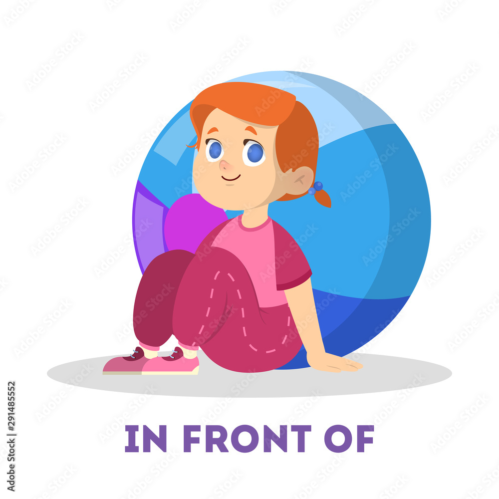 Kid and ball. Learning preposition concept. The girl Kid and ball. Learning preposition concept. The girl