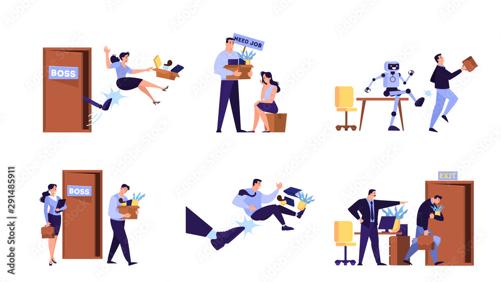 People kicked out of work set. Idea of unemployment. People kicked out of work set. Idea of unemployment.