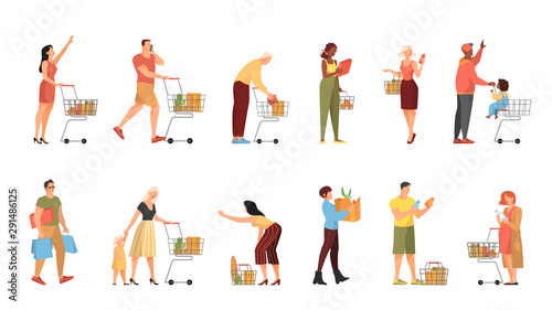 People walking with shopping cart in supermarket set.