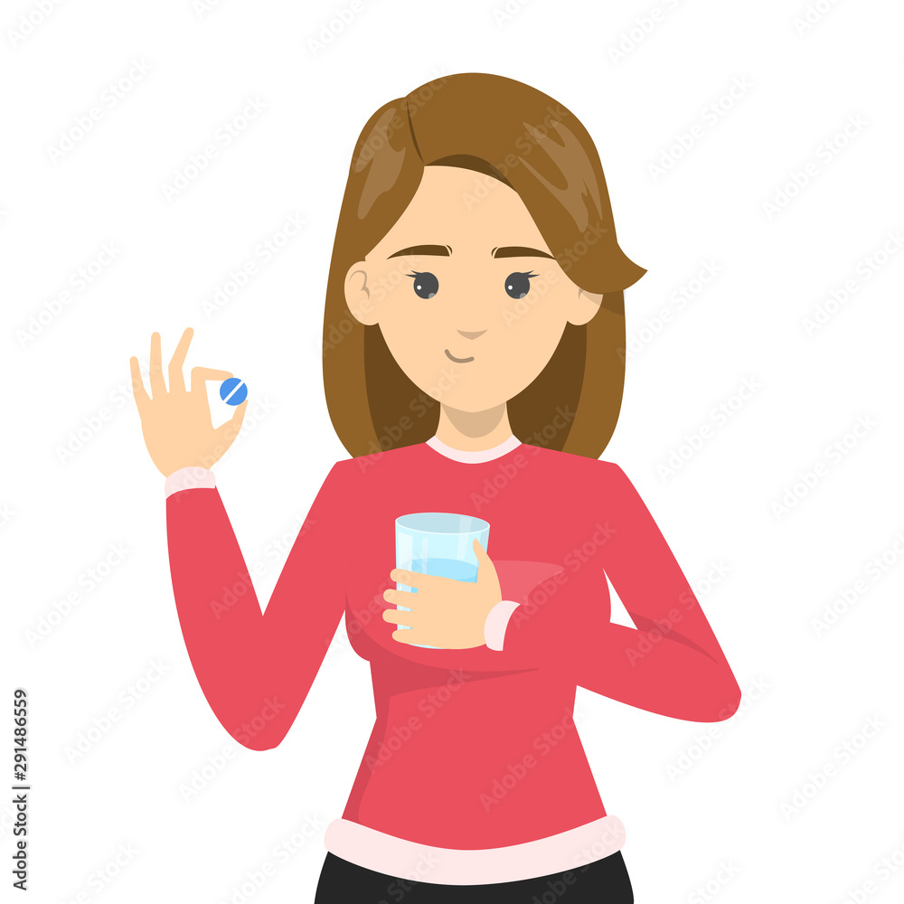 Happy woman holding pill and a glass of water. Happy woman holding pill and a glass of water.