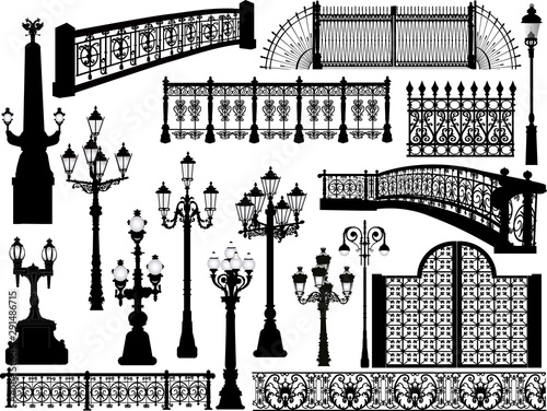 street lamps and fence elements collection isolated on white