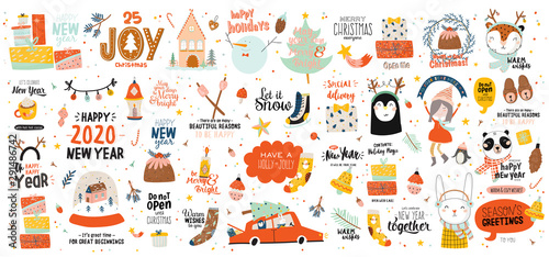 PMerry Christmas or Happy New 2020 Year illustration with holiday lettering and traditional winter elements. Cute paper label, banner, tags or stickers template in scandinavian style. Vector backgroun