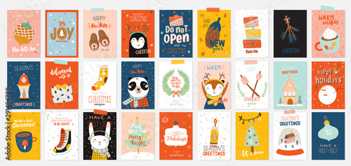 PMerry Christmas or Happy New 2020 Year illustration with holiday lettering and traditional winter elements. Cute paper label, banner, tags or stickers template in scandinavian style. Vector backgroun