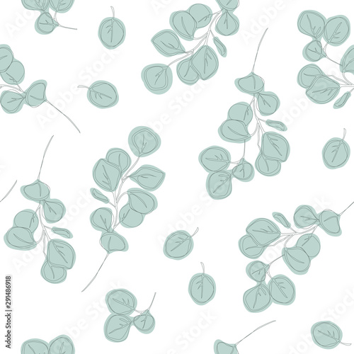 Hand drawn eucalyptus branches seamless pattern. Floral texture with plant objects on white background. Natural wallpaper.
