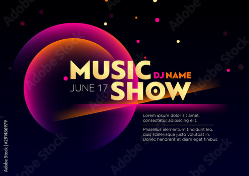 Horizontal music show poster with bright color graphic elements, dark background and text. 