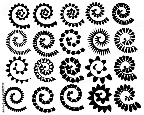 Set rolled flowers. Collection rolled paper flower. Black white vector illustration for scrapbooking. Plotter cutting for paper.