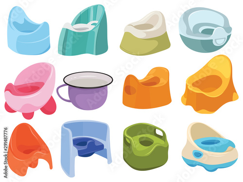 Set of toilets for children. Collection of toilet pots for kids. Vector illustration of a baby pot.