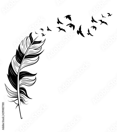 Feather and birds. Black and white vector illustration of stylized feather with silhouettes of flocks of birds. Tattoo.