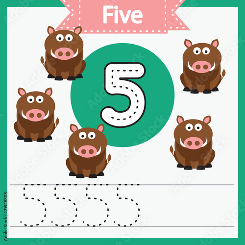 Baby learning cards with numbers and animals. Learning to count and to write numbers. Handwriting practice sheet. Educational game for children. Number 5