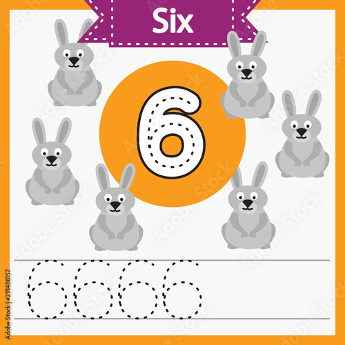 Baby learning cards with numbers and animals. Learning to count and to write numbers. Handwriting practice sheet. Educational game for children. Number 6