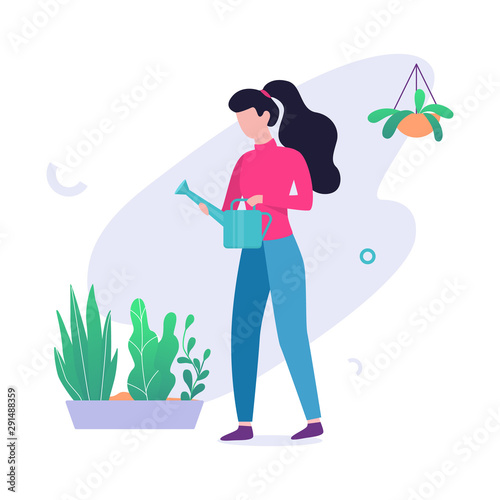 Woman watering flower in the pot. Idea of gardening