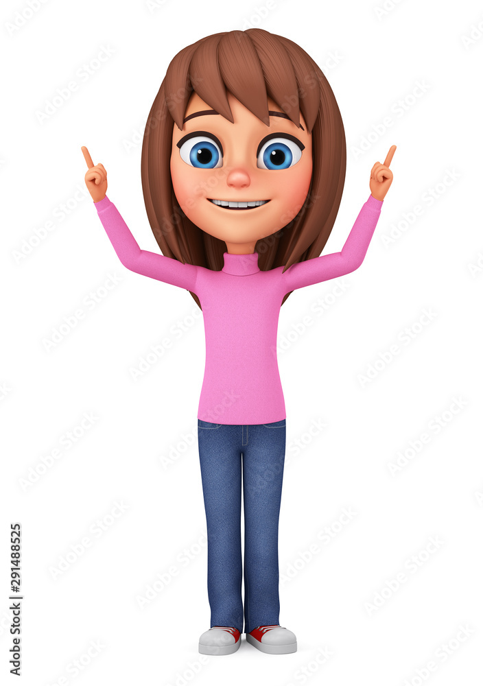 Cartoon character girl points fingers up on a white background. 3d render illustration. Cartoon character girl points fingers up on a white background. 3d render illustration.