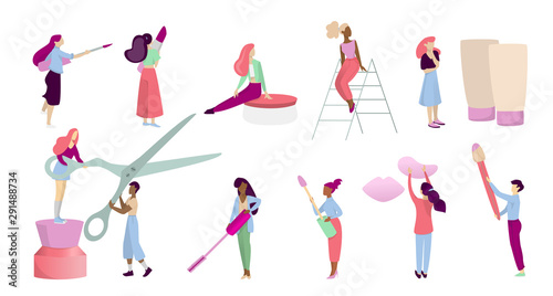 Makeup concept. People with makeup tool on beauty