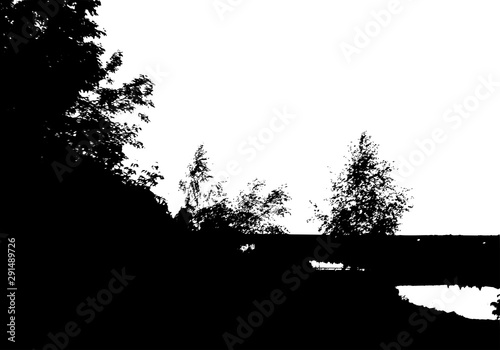 Black tree forest panorama silhouette. Card with copy space. Isolated on white background. Vector nature illustration