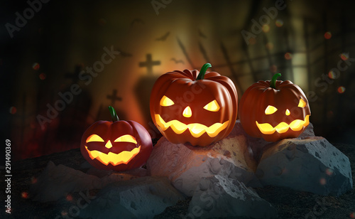 Halloween. Pumpkin ghost 3D illustration. Jack Pumpkinhead, all saints night. Glowing pumpkins on background of mystical graves