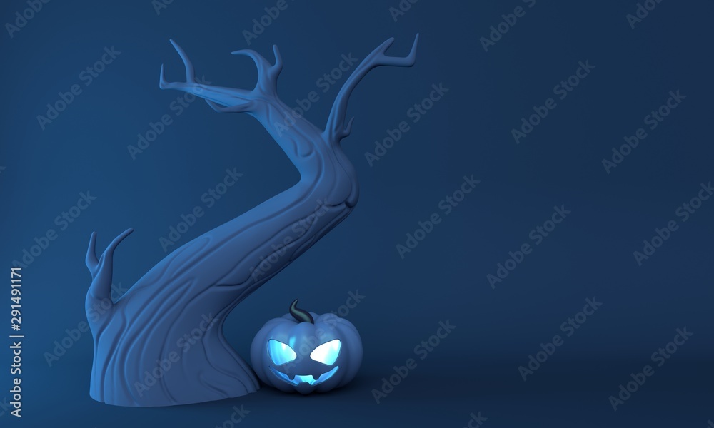 Poster Halloween pumpkin lantern and old tree on a blue background. 3d rendering
