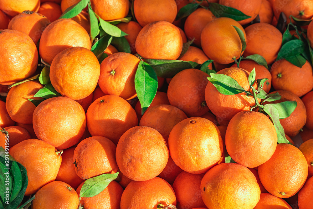 Fresh oranges on market stall at weekly spanish marketplace. Food background close up shot with selective focus Fresh oranges on market stall at weekly spanish marketplace. Food background close up shot with selective focus