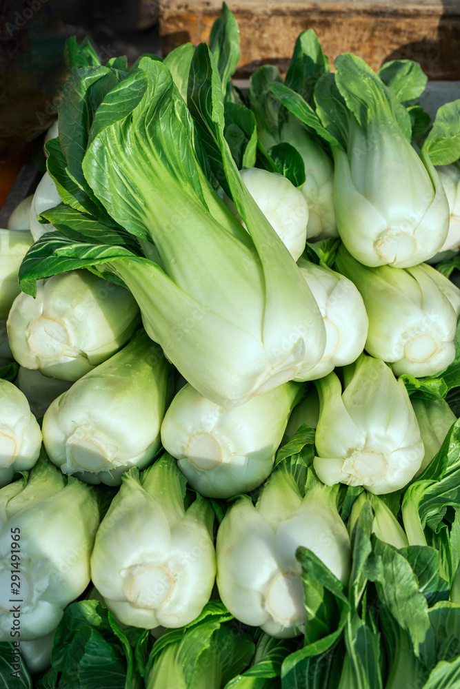 Food background of Chinese cabbage Bok choy at sunny morning market in spain. Close up shot with selective focus. Food background of Chinese cabbage Bok choy at sunny morning market in spain. Close up shot with selective focus.