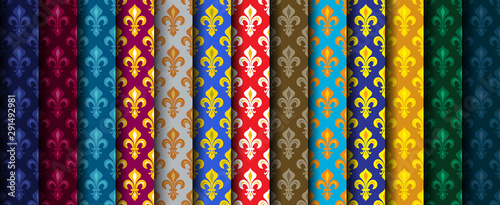 Royal Heraldic Lilies (Fleur de lis) -- Rich colorful wallpaper, fabric textile, seamless pattern, set of 13 versicolored rolls. photo