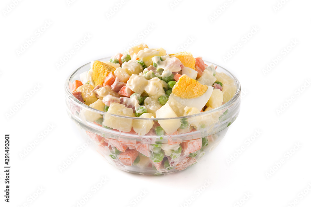 Traditional Russian salad in bowl. Olivier salad isolated on white background Traditional Russian salad in bowl. Olivier salad isolated on white background