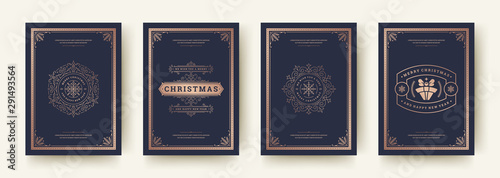 Christmas greeting cards vintage design, ornate decoration symbols and winter holidays wishes vector illustration