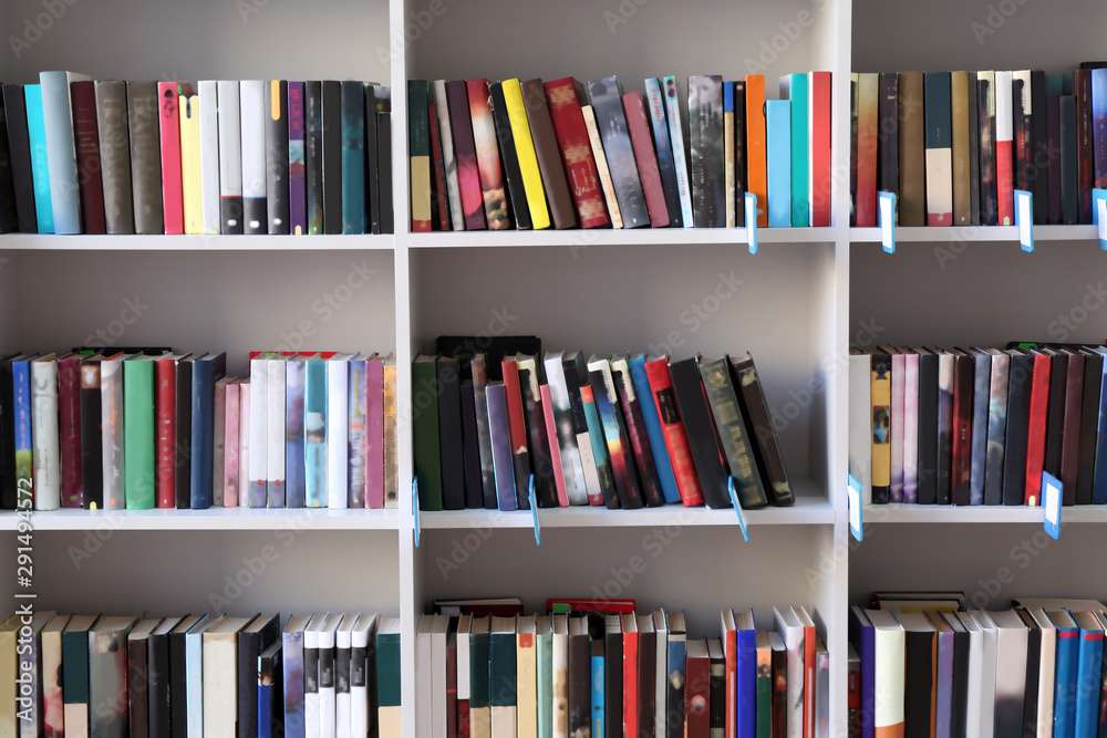 Many books on shelves in modern library Many books on shelves in modern library