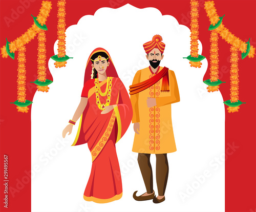 maharashtrian, hindu couple standing for wedding, bride and bridegroom in decoration