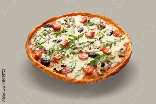 Delicious pizza on light background