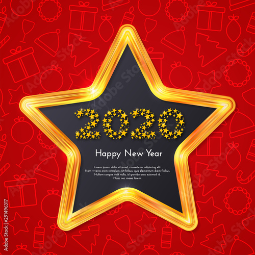 Holiday gift card. Happy New Year 2020. Golden star frame on red background with Christmas icons. Template for a banner, poster, invitation. Vector illustration