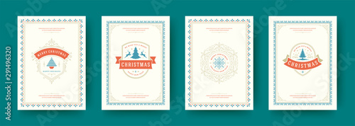Christmas cards vintage typographic design ornate decorations symbols with winter holidays wishes vector illustration